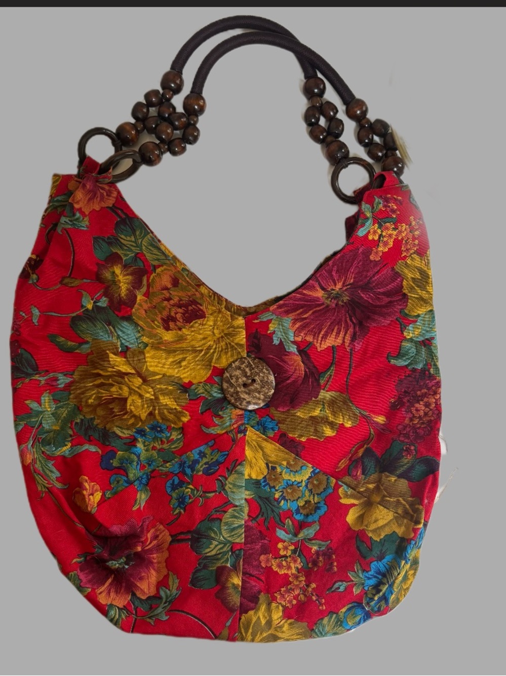 Red Floral Shoulder Hobo Bag with Beaded Handles